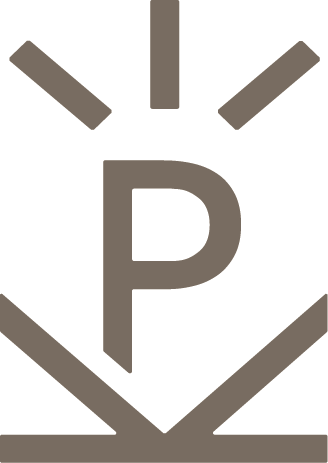 Logo of a brand featuring a stylized letter "P" with radiating lines, designed in a minimalist style and neutral color palette.